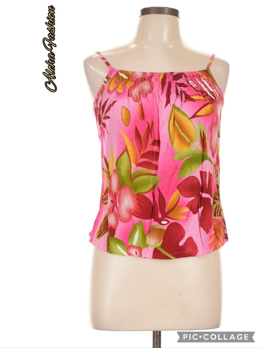 Aloha Fashion pink floral thin strap camisole with green & yellow accents